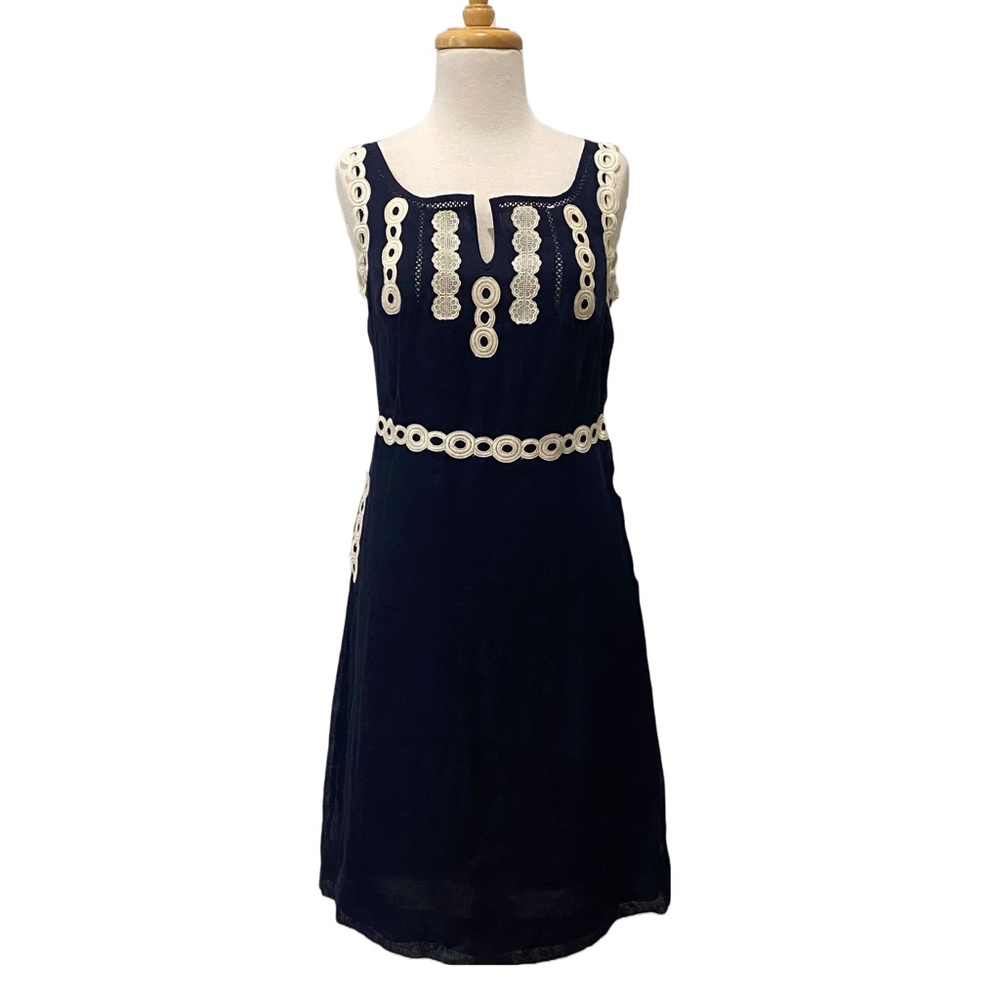 Tory Tory Burch Embroidered Sleeveless Linen Dress Blue sz 4